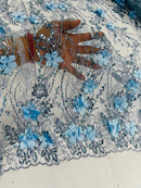 Flower 3D Glitter Fabric - Baby Blue - Embroidered Floral Sequins Design Fabric by Yard