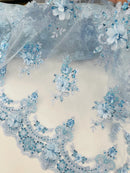 3D Floral Sequins Design - Baby Blue - Embroidered Floral Lace Fabric With Sequins / Pearls By Yard
