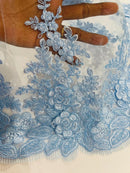Flower 3D Corded Fabric - Baby Blue - Lace Mesh Fabric Embroidered Floral Design by Yard