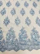 3D Floral Fabric with Pearls - Baby Blue - Embroidered Flower and Leaf Patterns on Lace Fabric by Yard