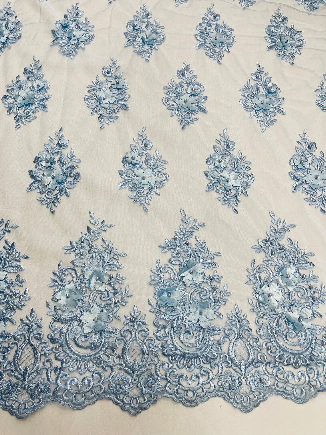 3D Floral Fabric with Pearls - Baby Blue - Embroidered Flower and Leaf