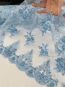 Floral Damask Bead Fabric - Baby Blue - Embroidered Floral Clusters with Beads / Sequins by Yard