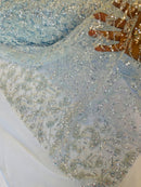 Floral Plant Bead Design - Baby Blue - Beaded Flower Plants Embroidered  Sequins Fabric By Yard