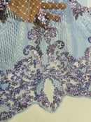 King Damask Lace Fabric - Baby Blue - Corded Embroidery with Sequins on Mesh Lace Fabric By Yard
