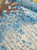 3D Glitter Floral Fabric - Baby Blue - Floral Line Glitter Designs on Mesh Fabric Sold By Yard