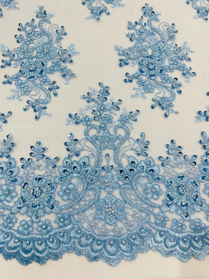 Isabela Design - Baby Blue - Embroidery Beaded Fabric With Sequin on a Mesh Fabric by the yard