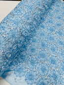 Sequins Satin Rosette Fabric - Baby Blue - 3D Satin Rose Sequins Floral Fabric Sold By The Yard