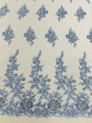 Beaded Sequin Fabric - Baby Blue - Embroidered Floral Pattern with Beads and Sequins By Yard
