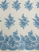 Flower Lace Sequins Fabric - Baby Blue - Embroidered Floral Pattern Fabric with Sequins on Lace By Yard
