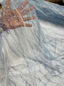 Wavy Leaf Lines Fabric - Baby Blue - Beaded Sequins Leaf Pattern Embroidered On Mesh By Yard