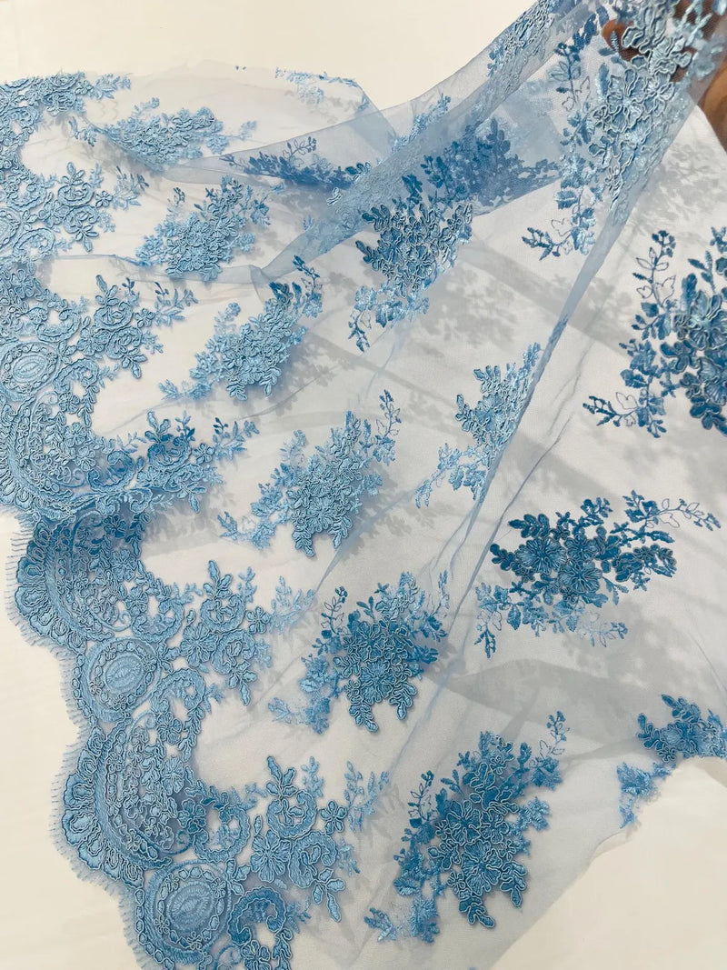 Damask Flower Lace Fabric - Baby Blue - Damask Flowers Embroidered on Lace Fabric By Yard