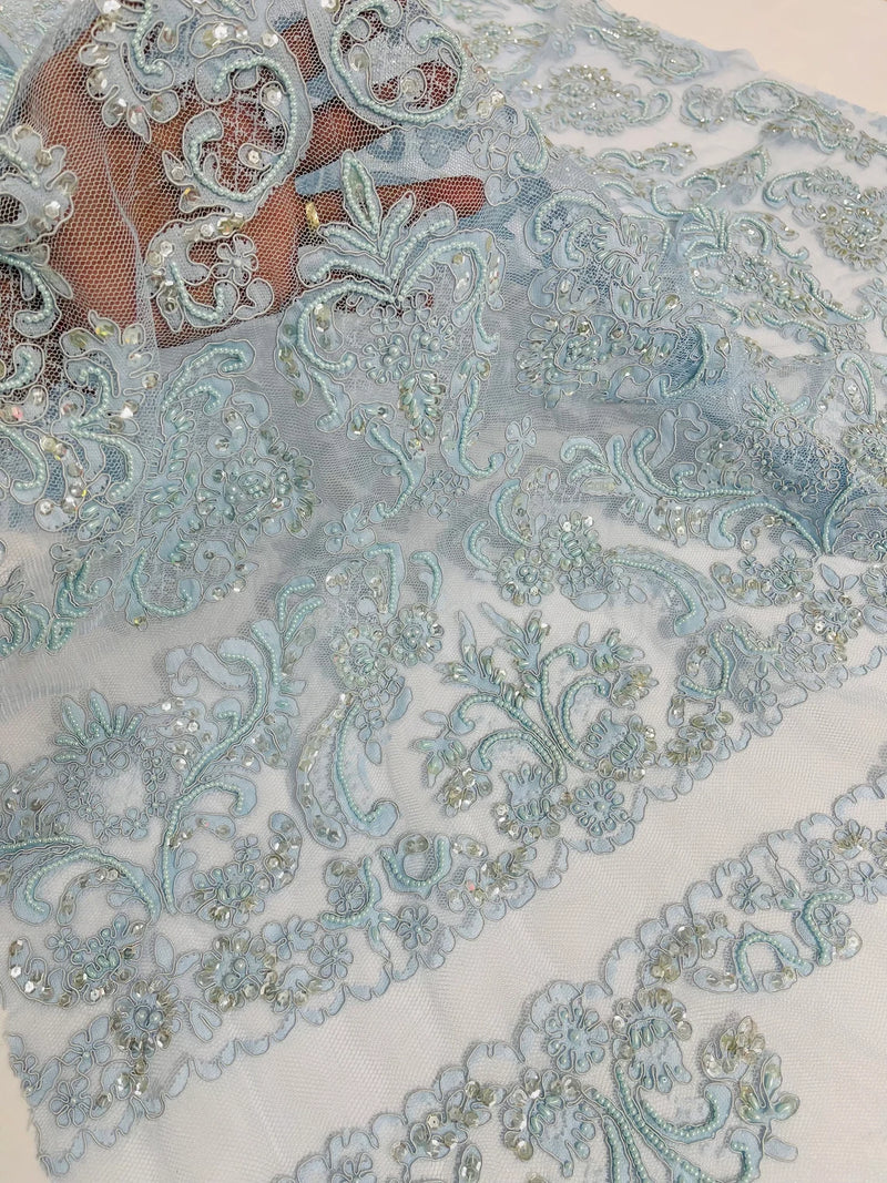 My Lady Beaded Fabric - Baby Blue - Damask Beaded Sequins Embroidered Fabric By Yard