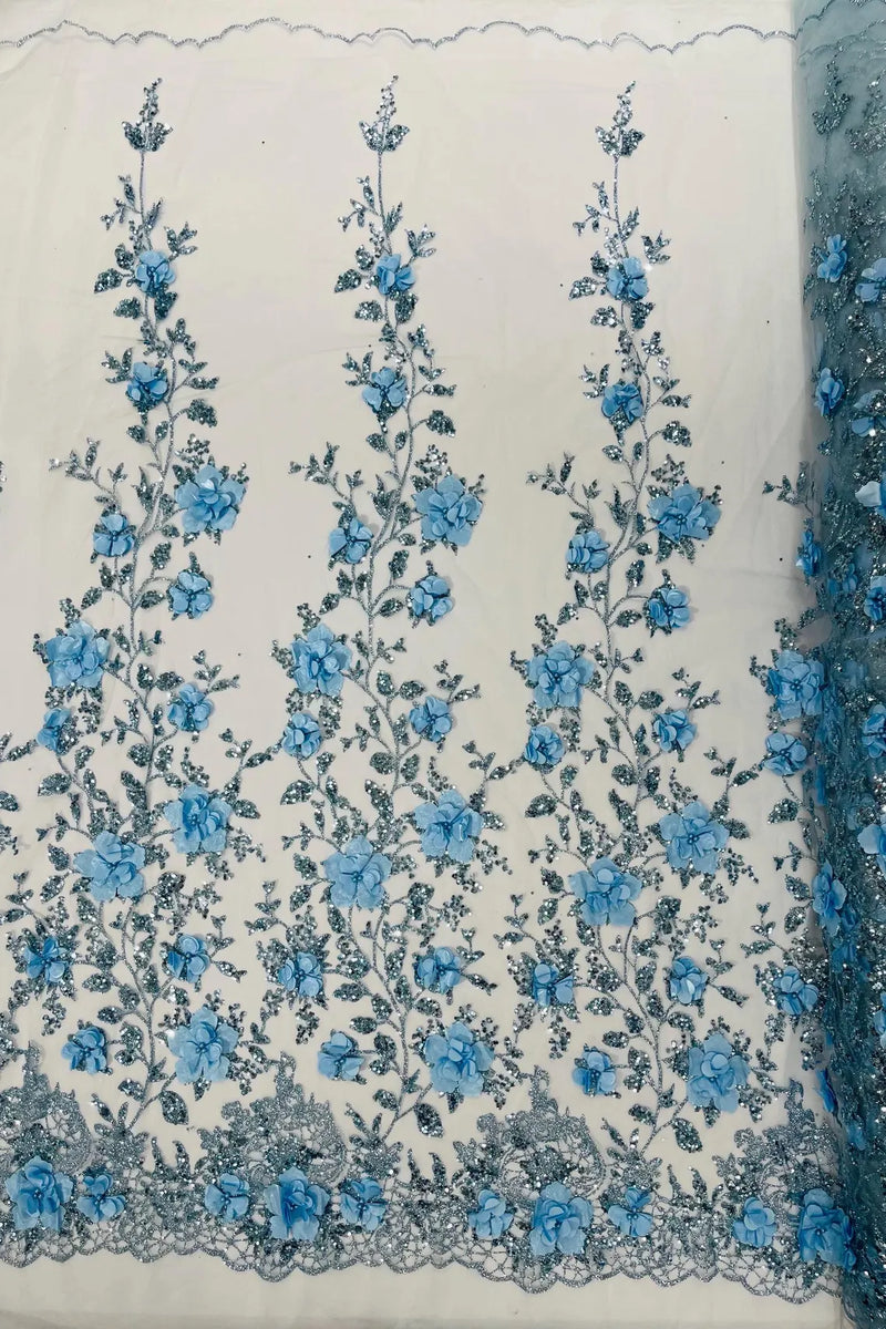 Big Flower 3D Glitter Fabric - Baby Blue - Embroidered Floral Sequins Design Fabric by Yard