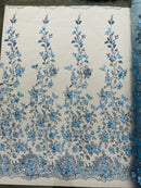 3D Glitter Floral Fabric - Baby Blue - Glitter Sequin Flower Design on Lace Mesh Fabric by Yard