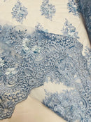 3D Floral Fabric with Pearls - Baby Blue - Embroidered Flower and Leaf Patterns on Lace Fabric by Yard