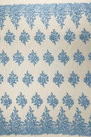Flower 3D Corded Fabric - Baby Blue - Lace Mesh Fabric Embroidered Floral Design by Yard