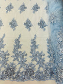 Beaded Sequin Fabric - Baby Blue - Embroidered Floral Pattern with Beads and Sequins By Yard