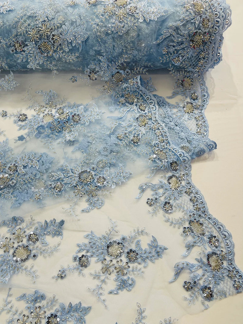 Beaded Sequins Floral Fabric - Baby Blue - Embroidered Beaded Floral Clusters Sequins Fabric By Yard