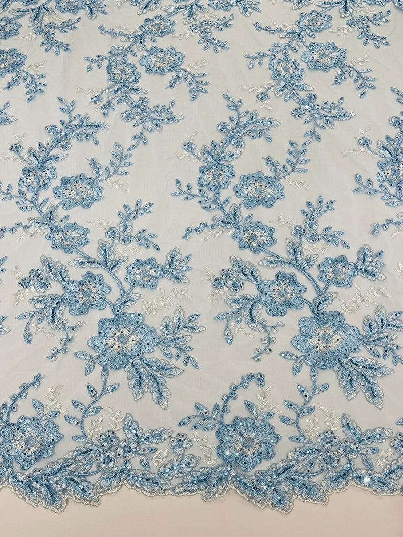 Floral Two Tone Lace Fabric - Baby Blue - Sequins Embroidery Floral Lace Fabric Sold By Yard