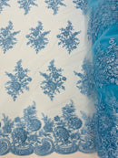 Flower Lace Sequins Fabric - Baby Blue - Embroidered Floral Pattern Fabric with Sequins on Lace By Yard