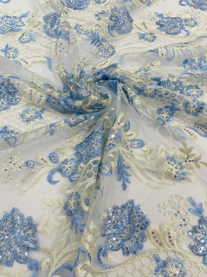 Two Tone Lace Floral Fabric - Baby Blue - Flower and Fish Designs Corded on Sequins Lace By Yard