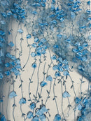3D Floral Glitter Fabric - Baby Blue - 3D Sequins and Glitter Floral Design on Mesh Sold By Yard