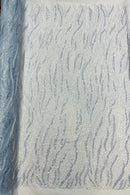 Wavy Leaf Lines Fabric - Baby Blue - Beaded Sequins Leaf Pattern Embroidered On Mesh By Yard