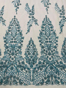 Fancy Rhinestone Glitter Fabric - Baby Blue - Embroidered Damask Design Glitter Mesh Fabric by Yard