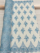 Floral Damask Bead Fabric - Baby Blue - Embroidered Floral Clusters with Beads / Sequins by Yard