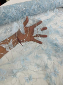 3D Butterfly Sequins Bead Fabric - Baby Blue -  Sequins Butterfly Embroidered Beaded Fabric By Yard