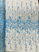 3D Glitter Floral Fabric - Baby Blue - Floral Line Glitter Designs on Mesh Fabric Sold By Yard