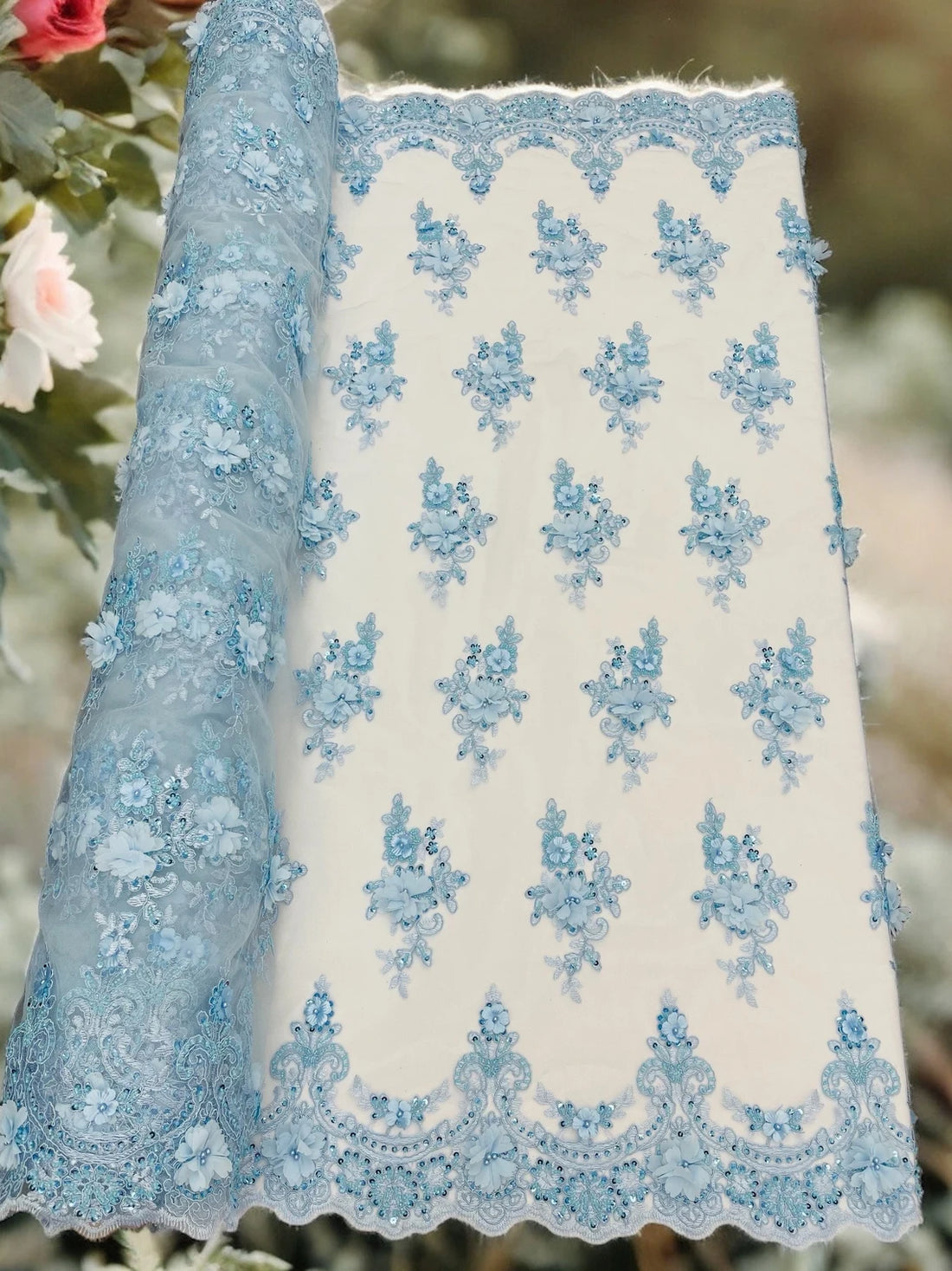 By The Yard/SKY-BLUE Flowers Lace/FLORAL 3D Beaded popular Lace / Faux Pearls Sequins /Hand Made/Embroidered Beaded Mesh Lace Fabric/Wedding,Dress