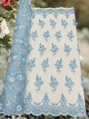 3D Floral Sequins Design - Baby Blue - Embroidered Floral Lace Fabric With Sequins / Pearls By Yard