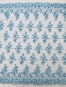 3D Floral Fabric - Baby Blue - Embroidered Flower with Rhinestone and Sequins Fabric Sold By Yard