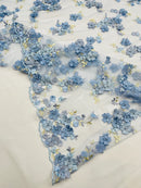 3D Multi-Color Flower Lace - Baby Blue - Flower Leaf 3D Multi-Tone Fabrics Sold By Yard