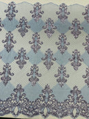 King Damask Lace Fabric - Baby Blue - Corded Embroidery with Sequins on Mesh Lace Fabric By Yard
