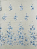 Floral 3D Pearl Fabric - Baby Blue - Embroidered Single Border Flower Design Pearl Fabric By Yard
