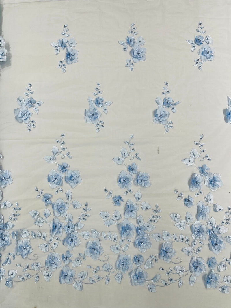 Floral 3D Pearl Fabric - Baby Blue - Embroidered Single Border Flower Design Pearl Fabric By Yard