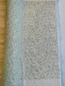 Floral Plant Bead Design - Baby Blue - Beaded Flower Plants Embroidered  Sequins Fabric By Yard