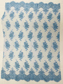 Damask Flower Lace Fabric - Baby Blue - Damask Flowers Embroidered on Lace Fabric By Yard