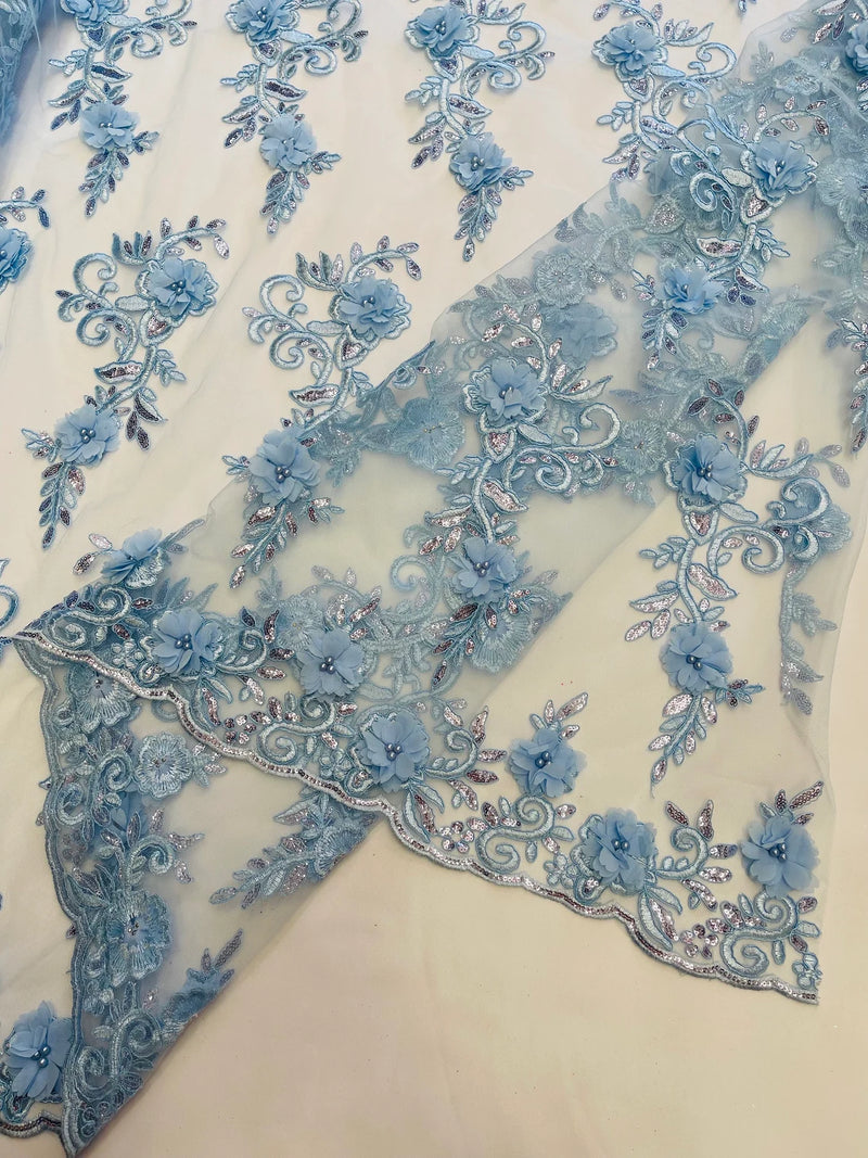 3D Floral Cluster with Border Lace - Baby Blue - Flower with Leaves Design 3D Fabrics Sold By Yard