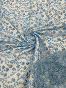 Small Glitter Flower Fabric - Baby Blue - Shimmer Glitter Flower Design on Mesh Lace By The Yard