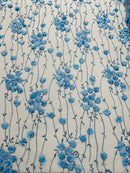 3D Floral Glitter Fabric - Baby Blue - 3D Sequins and Glitter Floral Design on Mesh Sold By Yard