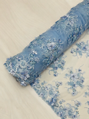 3D Flower Pearl Design - Baby Blue - Embroidered Sequins Floral Clusters Lace Fabric By Yard
