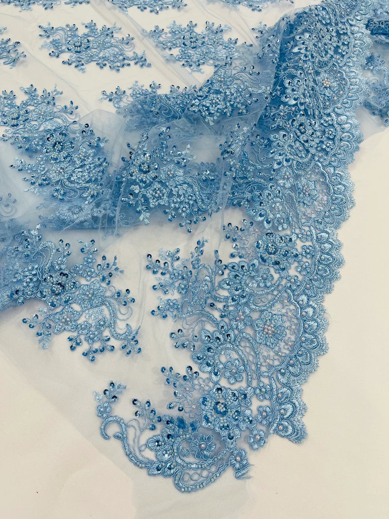 Isabela Design - Baby Blue - Embroidery Beaded Fabric With Sequin on a Mesh Fabric by the yard