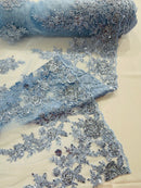 Beaded Sequin Fabric - Baby Blue - Embroidered Floral Pattern with Beads and Sequins By Yard