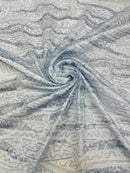 Wavy Leaf Lines Fabric - Baby Blue - Beaded Sequins Leaf Pattern Embroidered On Mesh By Yard