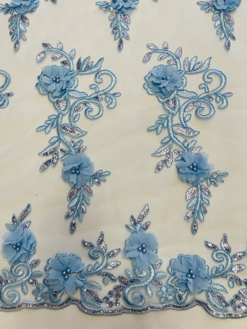 3D Floral Cluster with Border Lace - Baby Blue - Flower with Leaves Design 3D Fabrics Sold By Yard