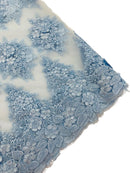 Flower 3D Corded Fabric - Baby Blue - Lace Mesh Fabric Embroidered Floral Design by Yard