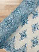Floral Damask Bead Fabric - Baby Blue - Embroidered Floral Clusters with Beads / Sequins by Yard